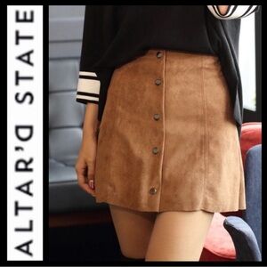 NWOT Altar'd State Caramel Button-Front Faux Suede Skirt